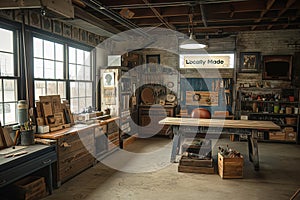 A rustic woodworking workshop with vintage tools, natural light, and handcrafted items on display for Adobe Stock