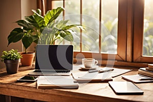 Rustic work desk with laptop, coffee cup, paperwork and green plants with plenty of sunlight coming from big window, comfortable