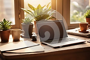 Rustic work desk with laptop, coffee cup, paperwork and green plants with plenty of sunlight coming from big window, comfortable