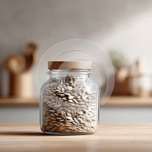 A rusticchic glass jar filled with sunflower seeds sits on a light wood surface