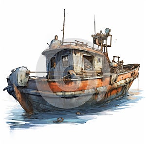 Post-apocalyptic Boat: Aggressive Digital Illustration With Realistic Watercolor Style