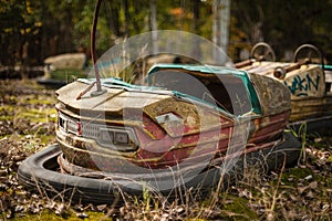 Rusting derelict bumper cars at Pripyat, Chernobyl