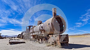 Rusting locomotive engines in the Cemeterio de Trenes Train Cemetery, Uyuni, Potosi department, Bolivia