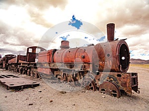 Rusting locomotives in the train cemetery, Uyuni, Bolivia