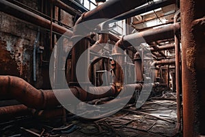 rusting metal pipes and electrical wiring in abandoned factory