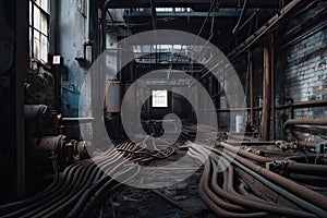 rusting metal pipes and electrical wiring in abandoned factory