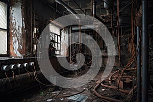 rusting metal pipes and electrical wiring in abandoned factory