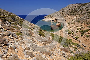 Rusting shipwreck in Amorgos