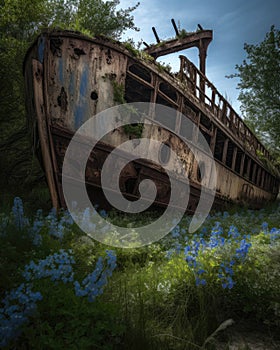 The rusting skeleton of an old ship its hull lined with forgetmenots a testament to the power of nature. Abandoned
