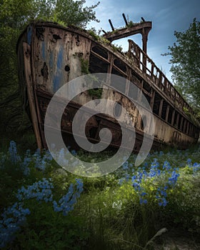 The rusting skeleton of an old ship its hull lined with forgetmenots a testament to the power of nature. Abandoned photo