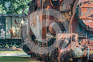 Rusting steam locomotive close up in Ljubljana, Slovenia