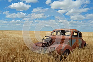 Rusting vintage car abandoned in golden wheat field