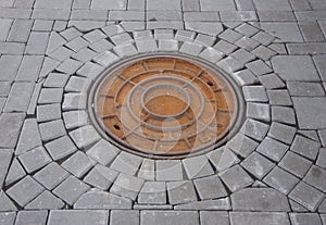 Rustproof manhole cover on the background of paving tiles, urban networks