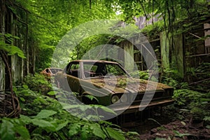 rusty abandoned cars covered in overgrown plants and vines