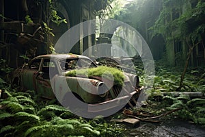 rusty abandoned cars covered in overgrown plants and vines