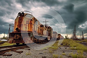 rusty abandoned locomotives under a stormy sky