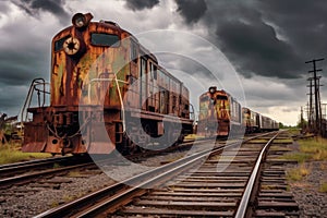 rusty abandoned locomotives under a stormy sky