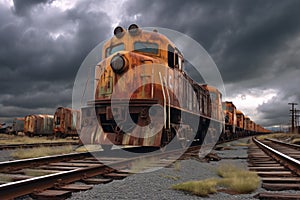 rusty abandoned locomotives under a stormy sky