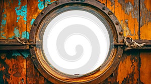 Rusty Aged Brass Ship Porthole Mounted on a Wooden Hull with a White Background. Generative AI