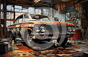 rusty american muscle car in garage , generated by AI