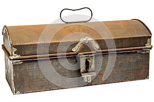 Rusty ancient storage box isolated on white