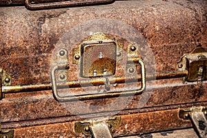 Rusty Antique Lock of Old Bronze Iron Metal Suitcase Box.