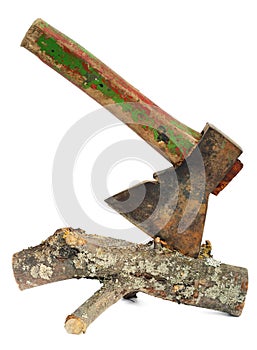 Rusty axe and log