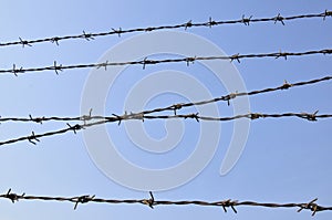 Rusty barbed wire, blue sky background