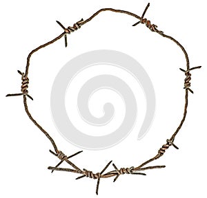 Rusty barbed wire circle isolated on white background