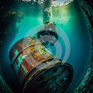 Rusty barrels under water, in the lake - sea, nuclear waste, chemical waste, environmental pollution