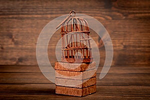 Rusty bird cage on wood texture background. Captivity, prison and the concept of repression photo