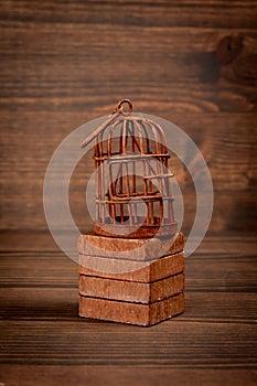 Rusty bird cage on wood texture background. Captivity, prison and the concept of repression
