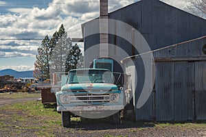 Rusty blue old Ford pickup truck and rural decay