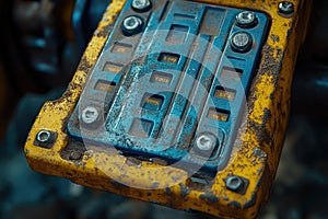 Rusty Blue and Yellow Control Panel Close-up