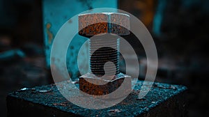 A rusty bolt on a dark blue metal post.