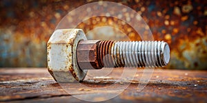 Rusty bolt and nut on corroded metal surface. Generative AI