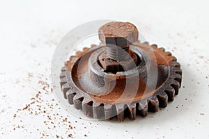 Rusty bolt, nut and gear wheel made of chocolate isolated on white background