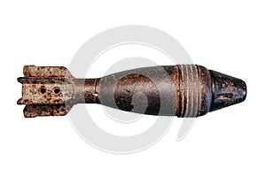 A rusty bomb. German mortar mine 50 millimeters. World war II mine. On white background. In isolation