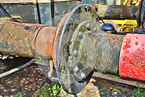 The rusty buffers of two old railway cars collide, transport