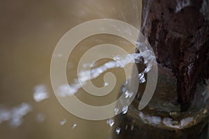 Rusty burst pipe spraying water in the ground.