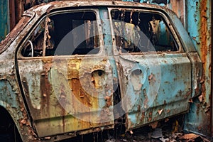rusty car door with peeling paint and broken window