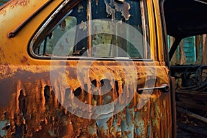 rusty car door with peeling paint and broken window