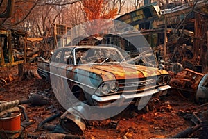 rusty car wreckage in a vintage junkyard setting