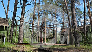 Rusty carousel in a pine forest