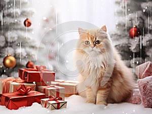 A rusty cat with Christmas presents sits by a Christmas tree in a snowy landscape.