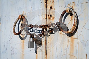 Rusty chain and padlocks on an old weathered door
