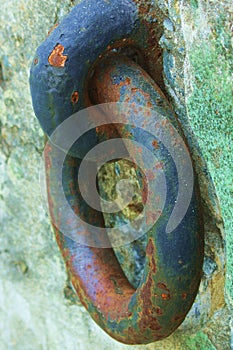 Rusty colorful harbor chain attached to cement block.