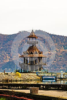 Rusty construction, view of Danube river and Orsova city, waterfront view. Orsova, Romania, 2020