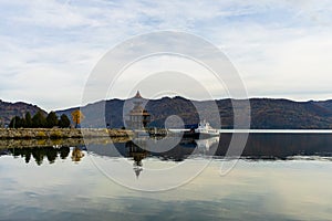 Rusty construction, view of Danube river and Orsova city, waterfront view. Orsova, Romania, 2020