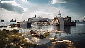 Rusty container ship unloading at commercial dock generated by AI